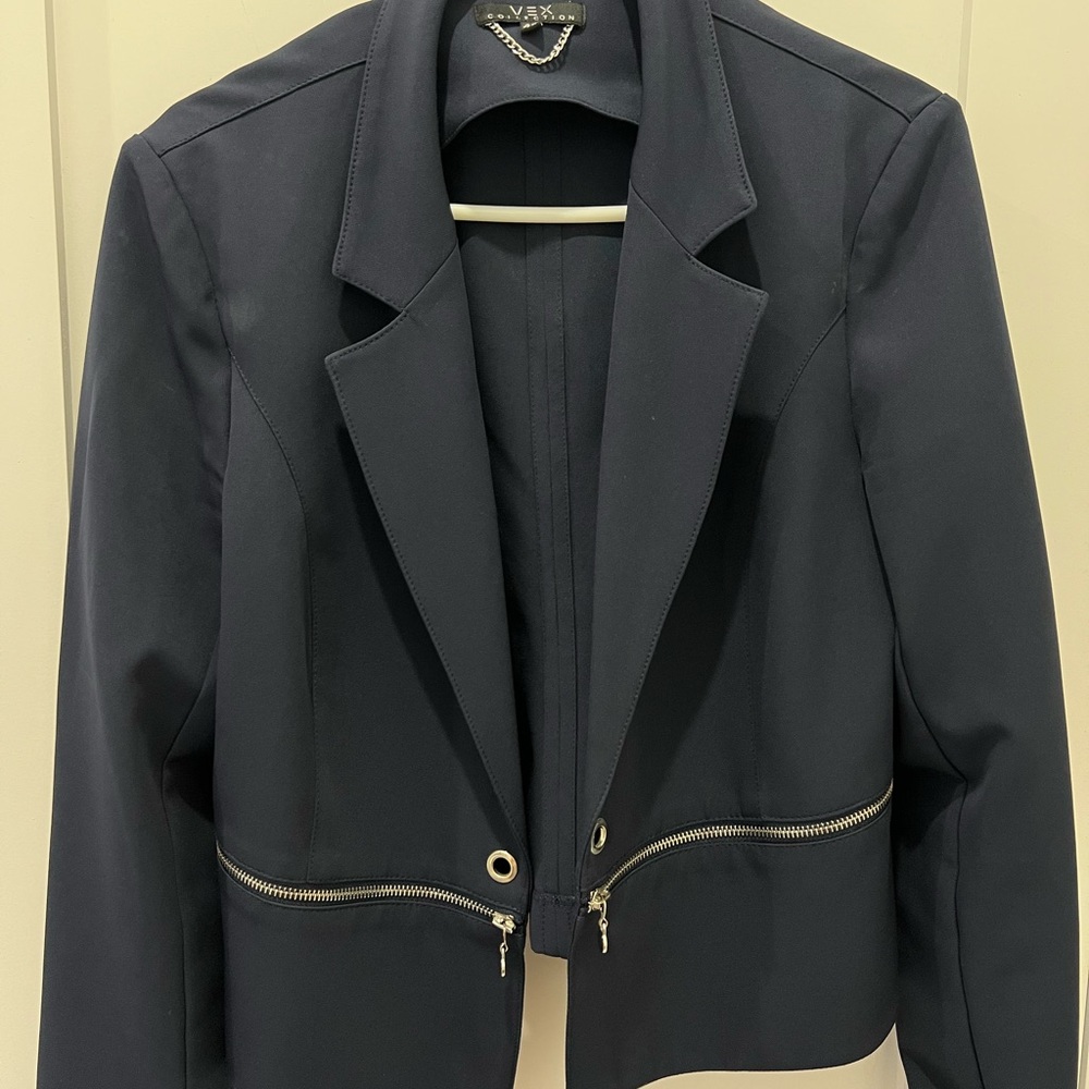 Elegant Navy Women's Blazer with Zipper Detail